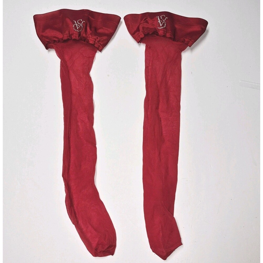 Vtg Victoria's Secret Red Rhinestone Ruffle Top Thigh High Stockings Santa Y2k